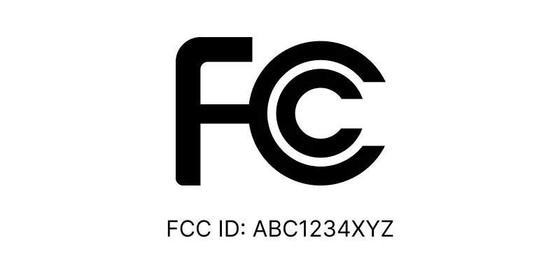 認証済み機器における FCC ID 表示の例。