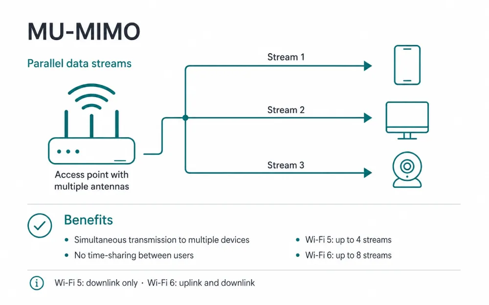 MU-MIMO access point with simultaneous data streams to multiple clients.