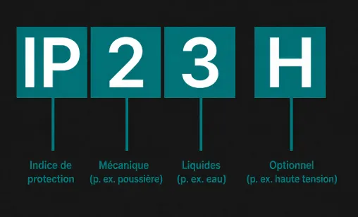 Structure de l’indice de protection IP avec chiffres et lettre optionnelle