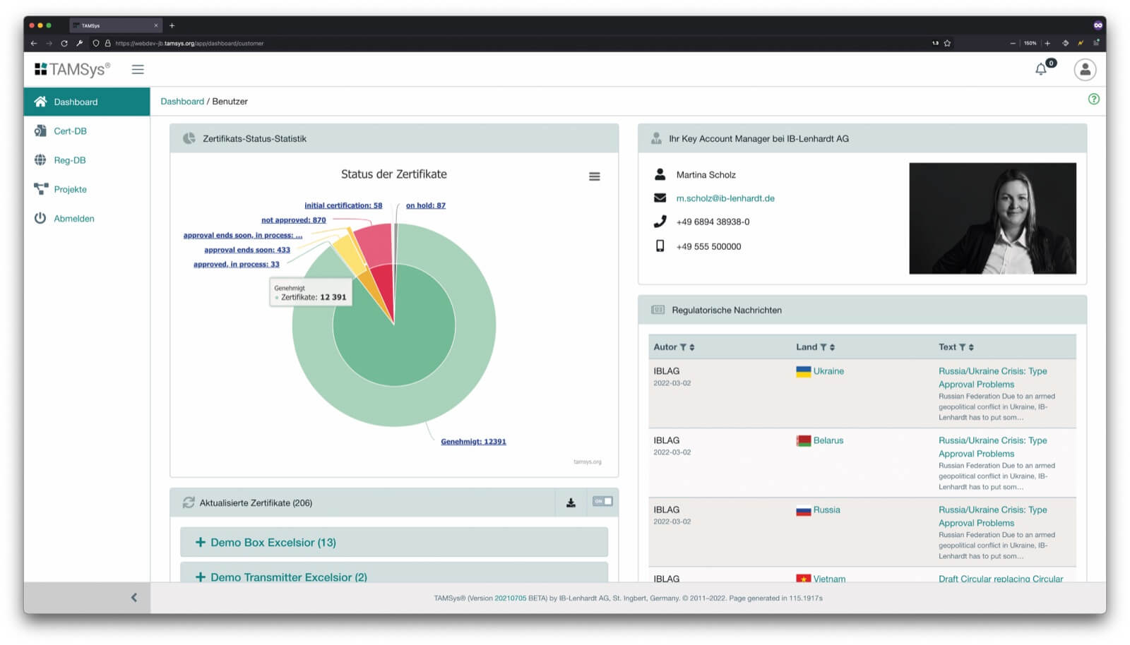 TAMSys dashboard showing certificate status, projects, and regulatory information