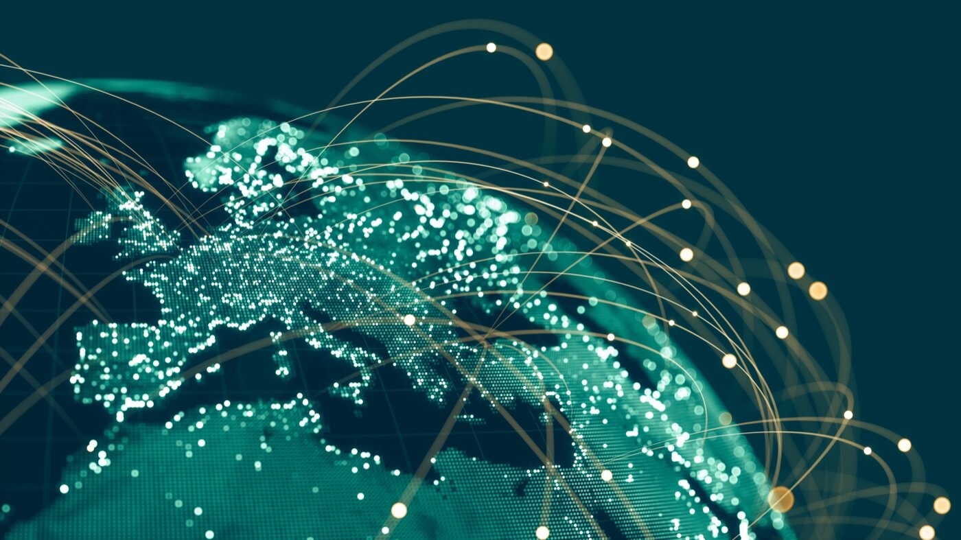Digitally connected world map with global data links