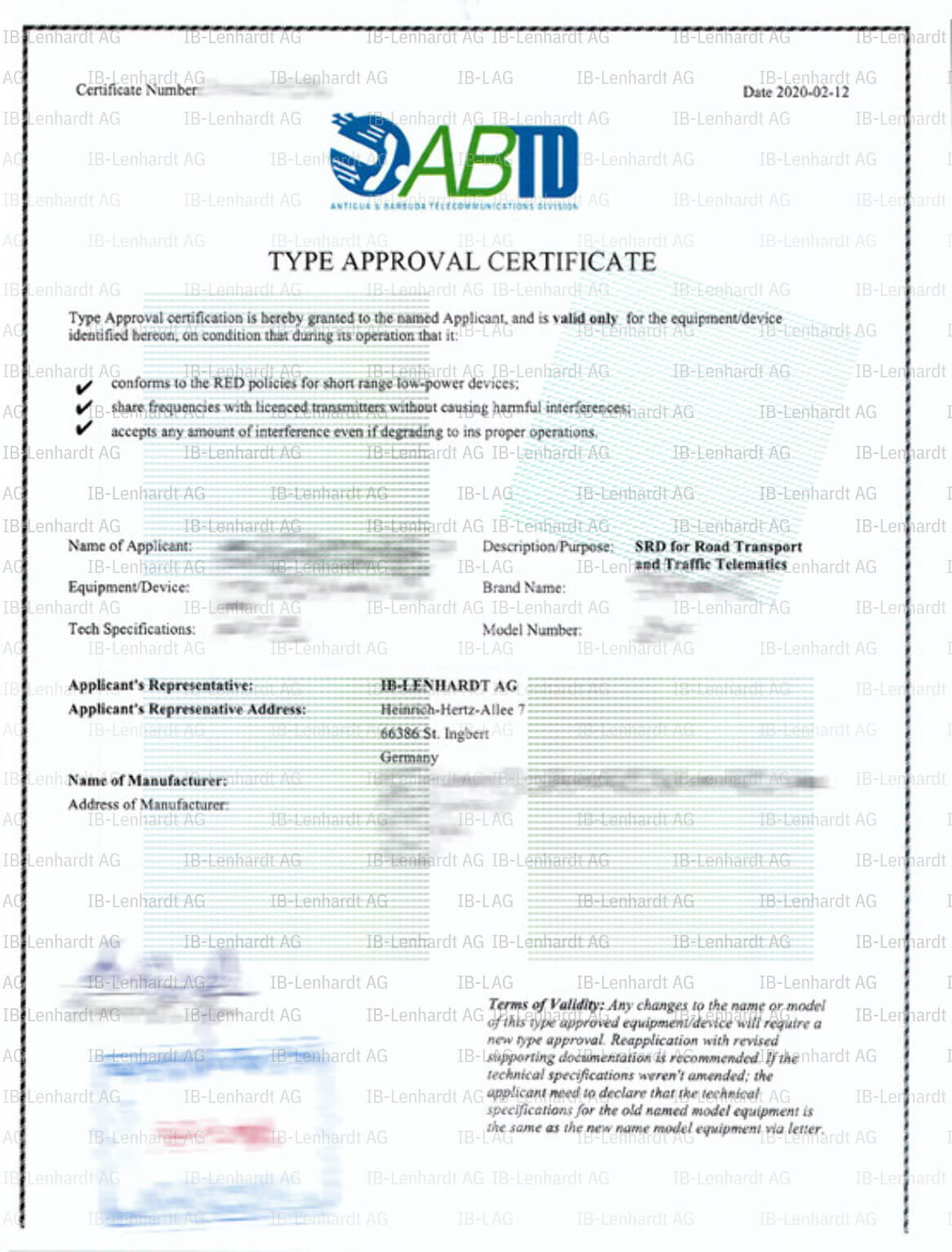 認証書の例 アンティグア・バーブーダ