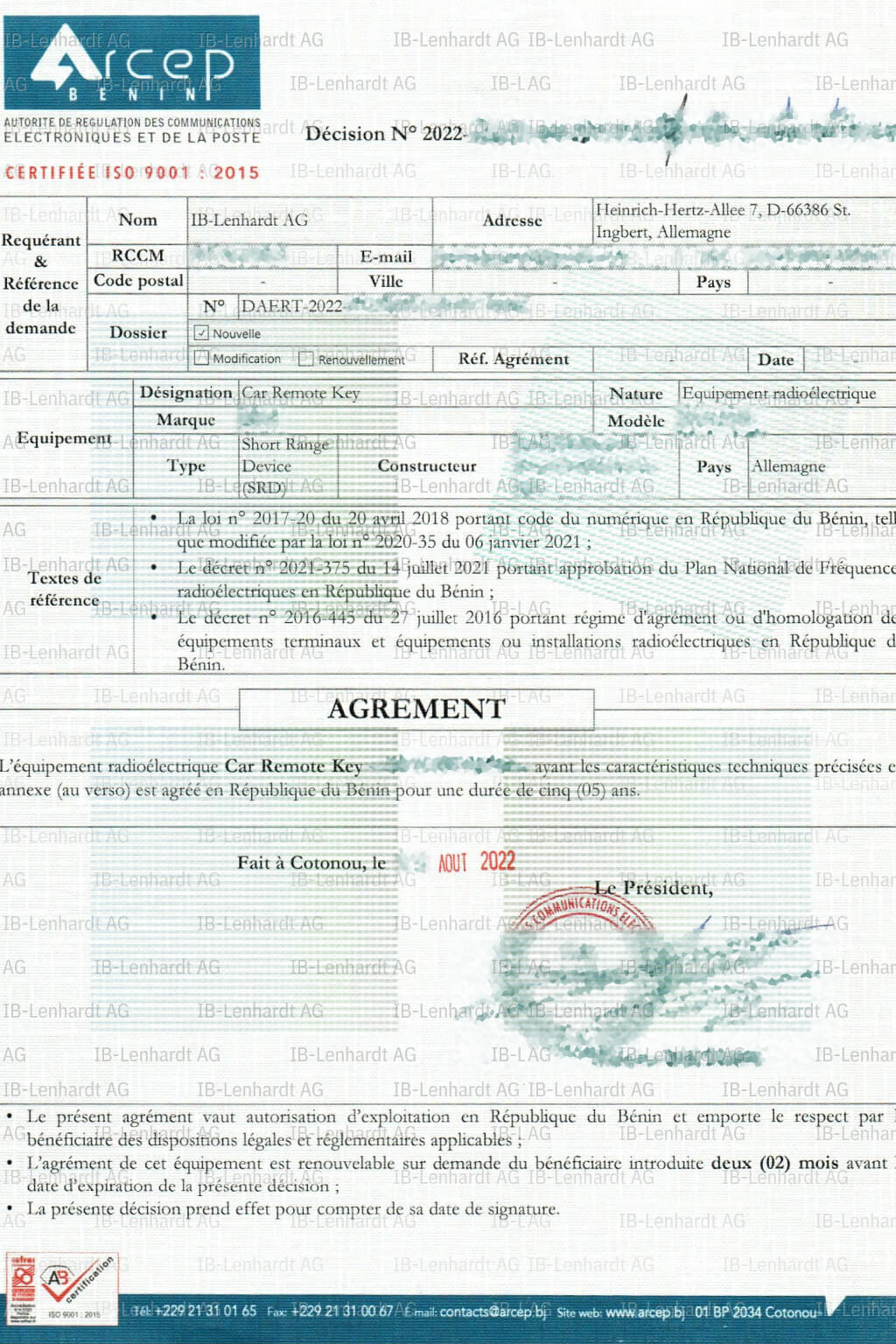 Zertifikats-Beispiel Benin