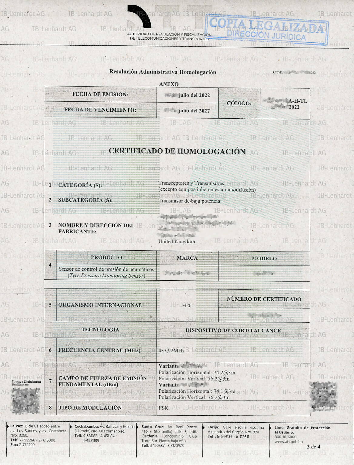 認証書の例 ボリビア多民族国