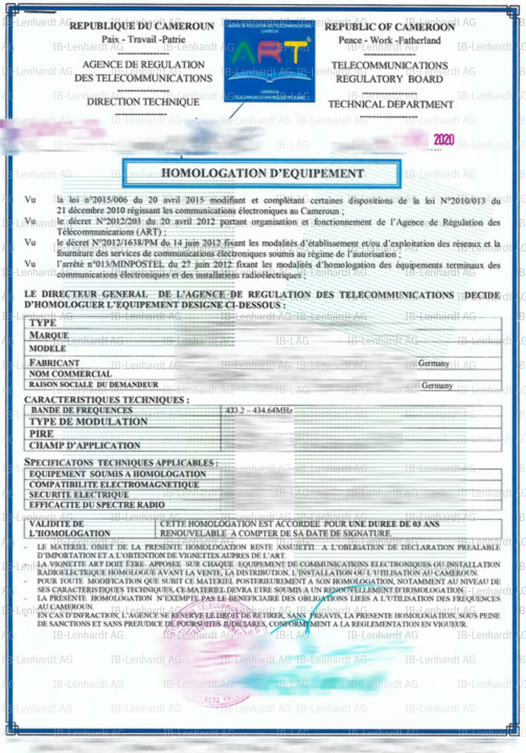 Zertifikats-Beispiel Kamerun