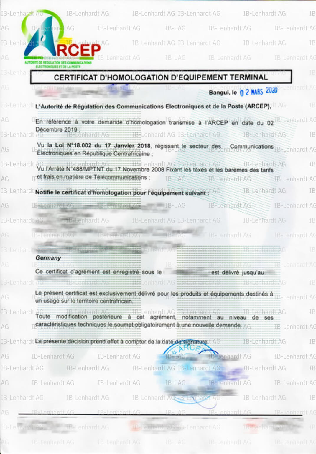 Certificate example Central African Republic