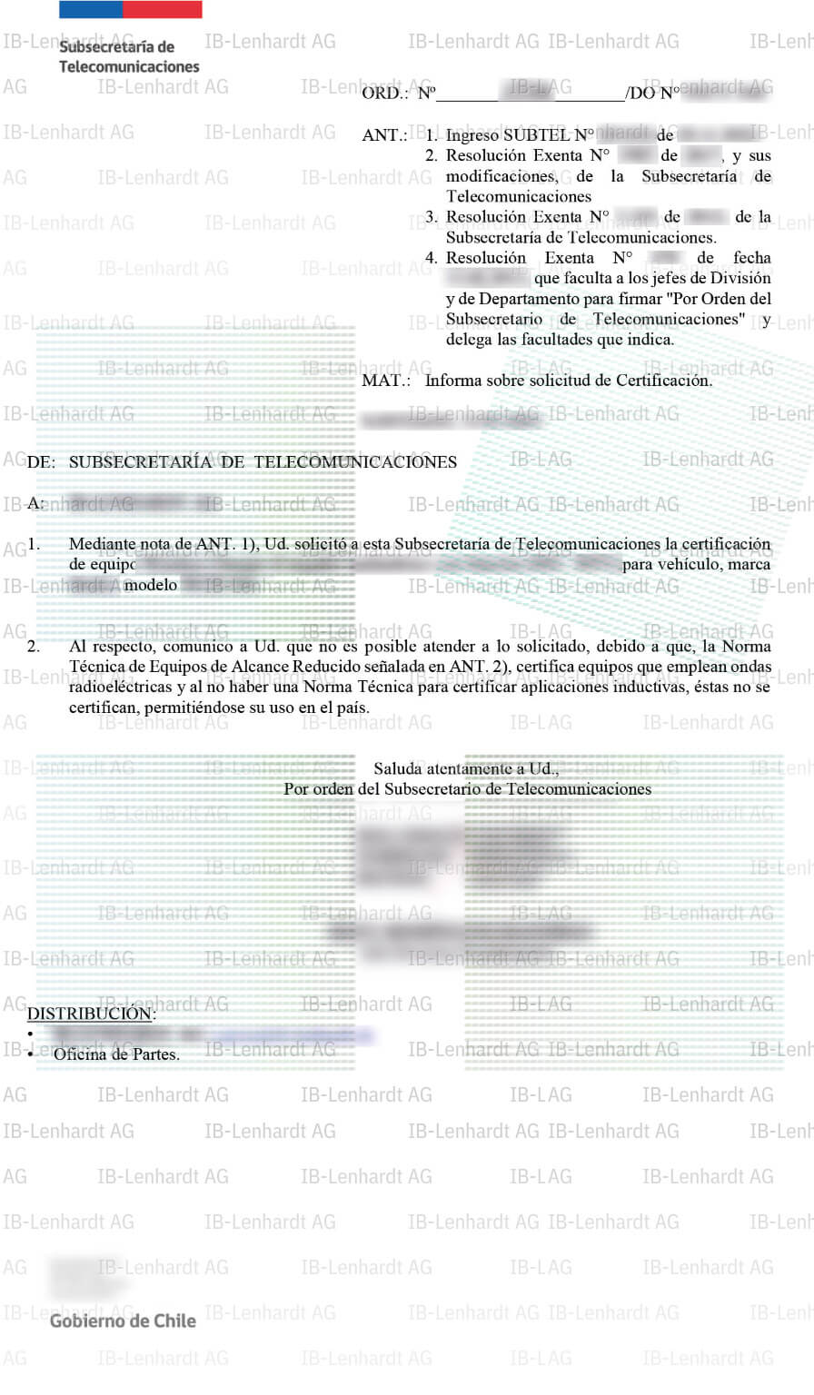 認証書の例 チリ