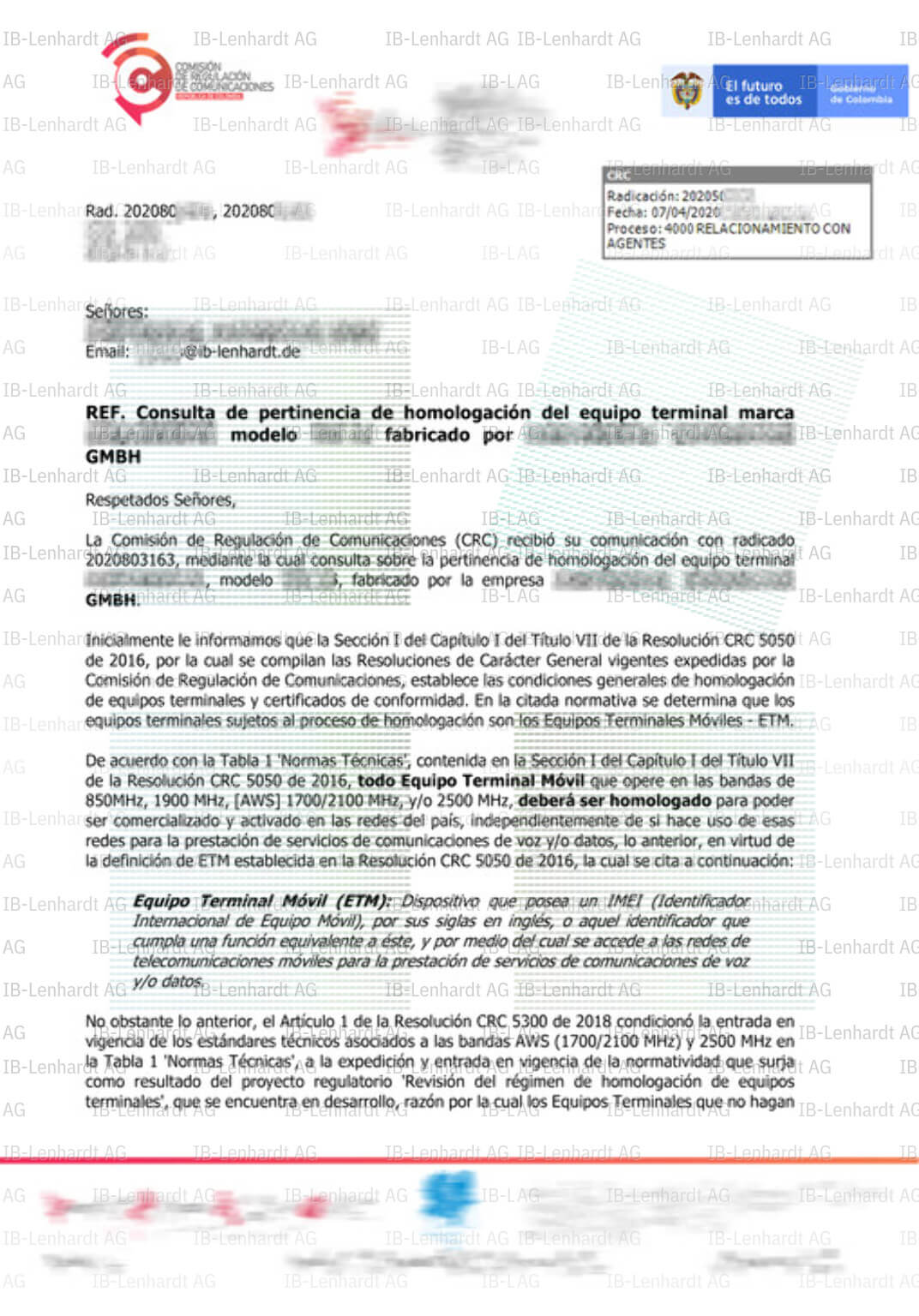Zertifikats-Beispiel Kolumbien