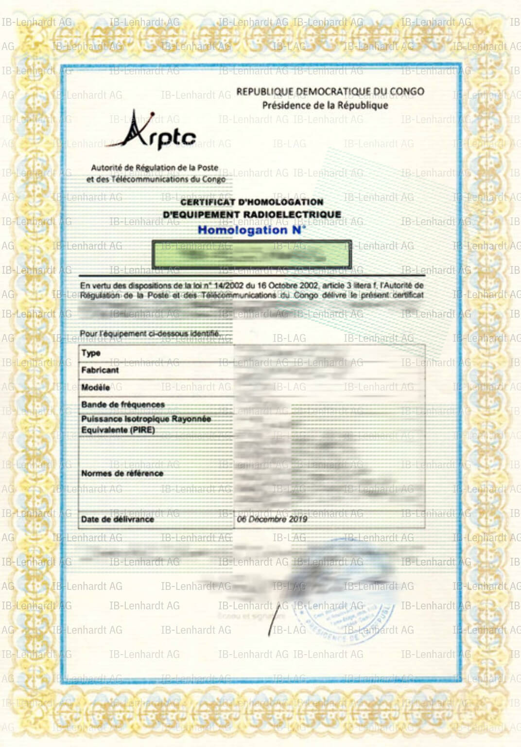 認証書の例 コンゴ民主共和国