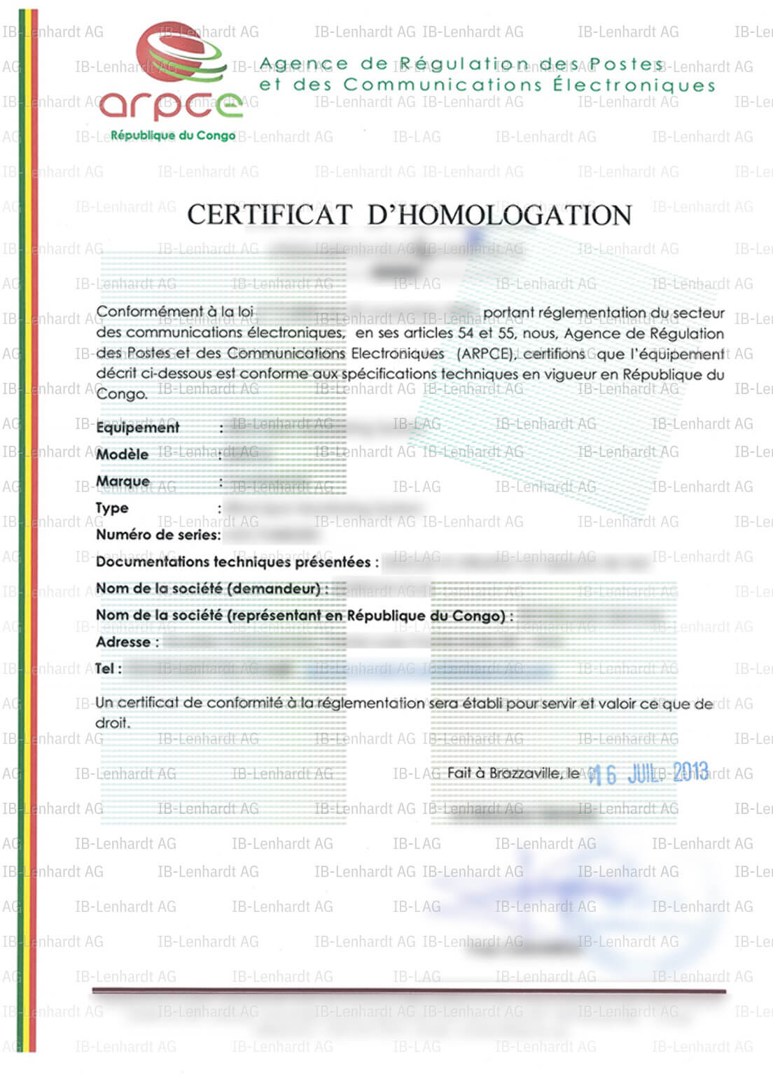 認証書の例 コンゴ共和国