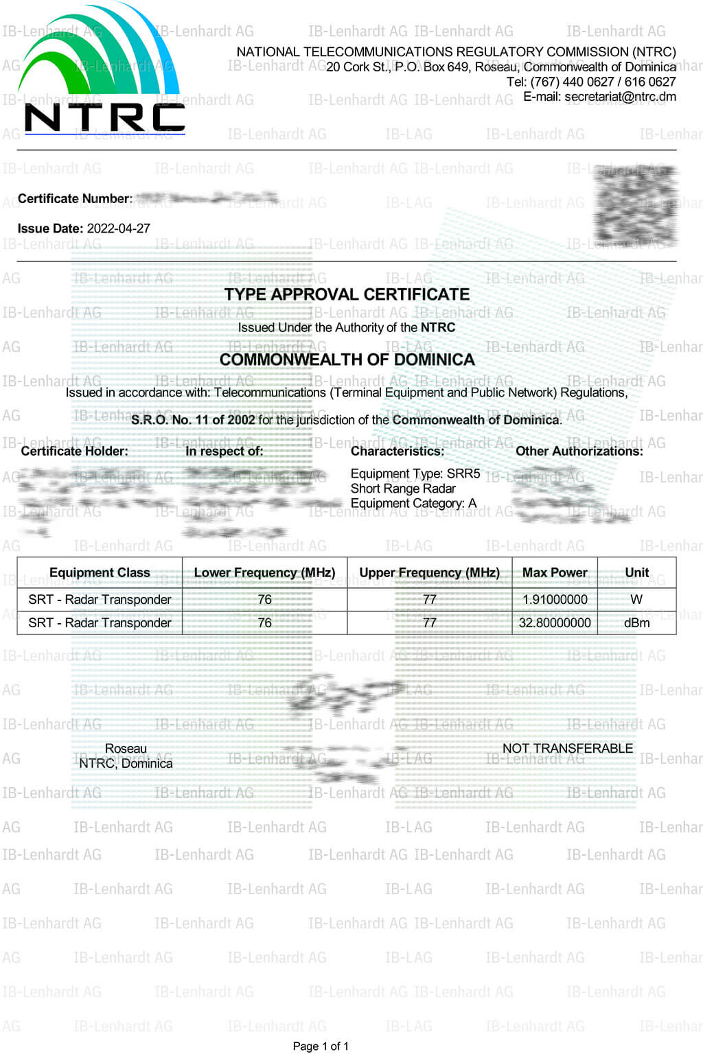 認証書の例 ドミニカ国