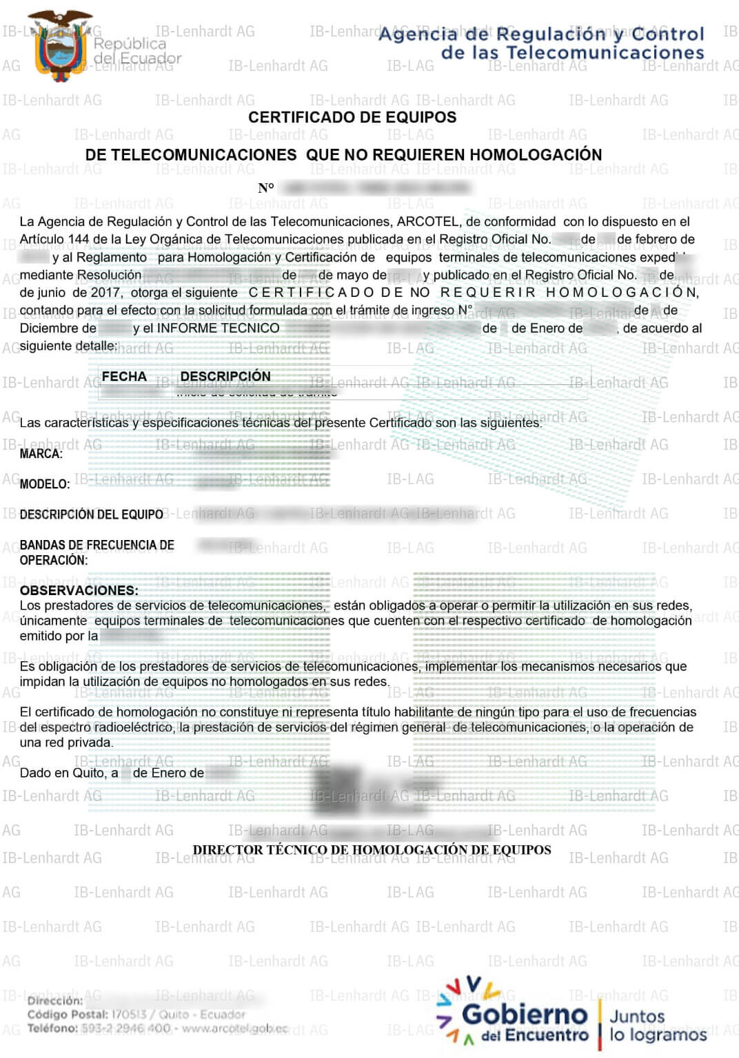 Certificate example Ecuador