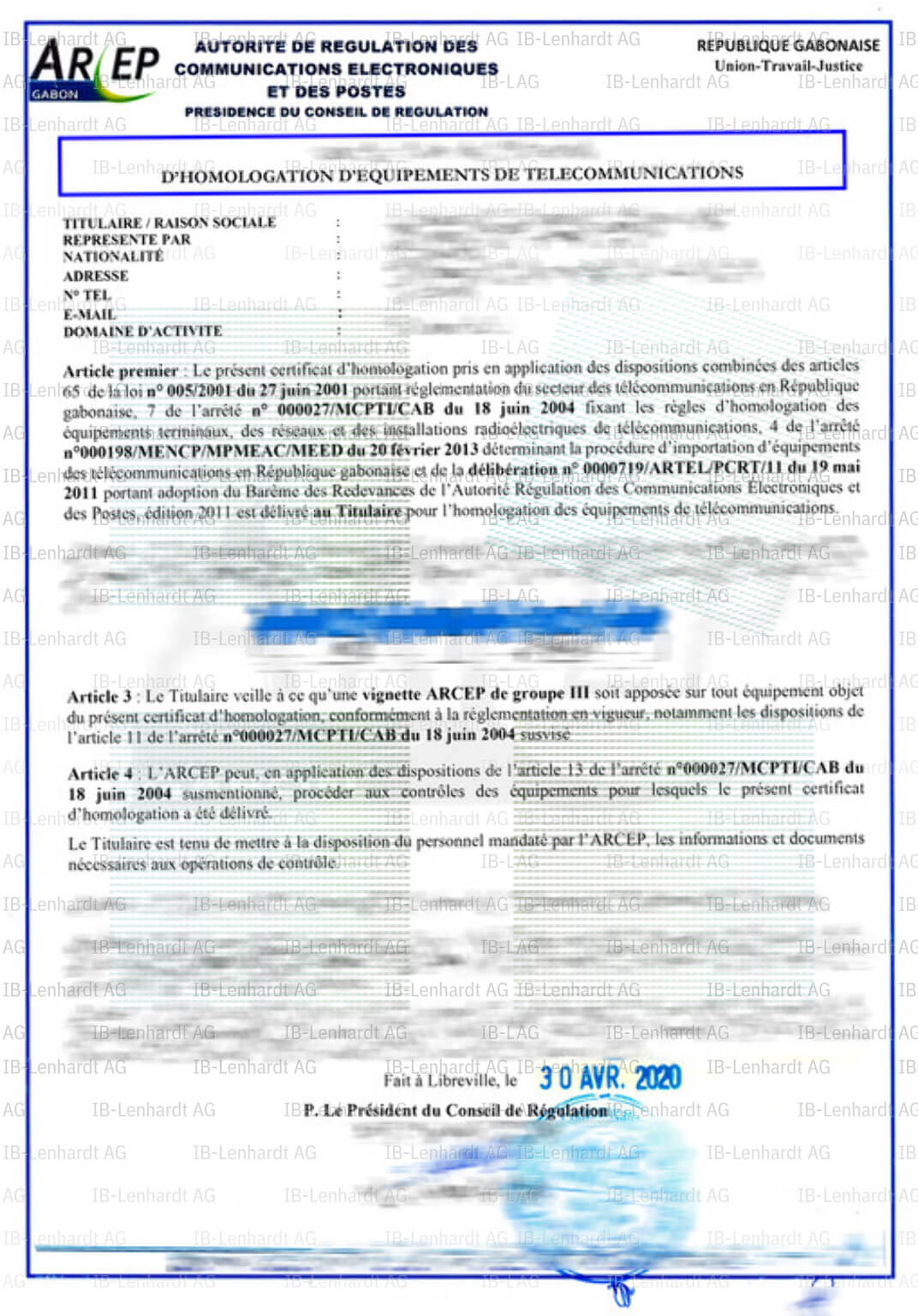 Certificate example Gabon