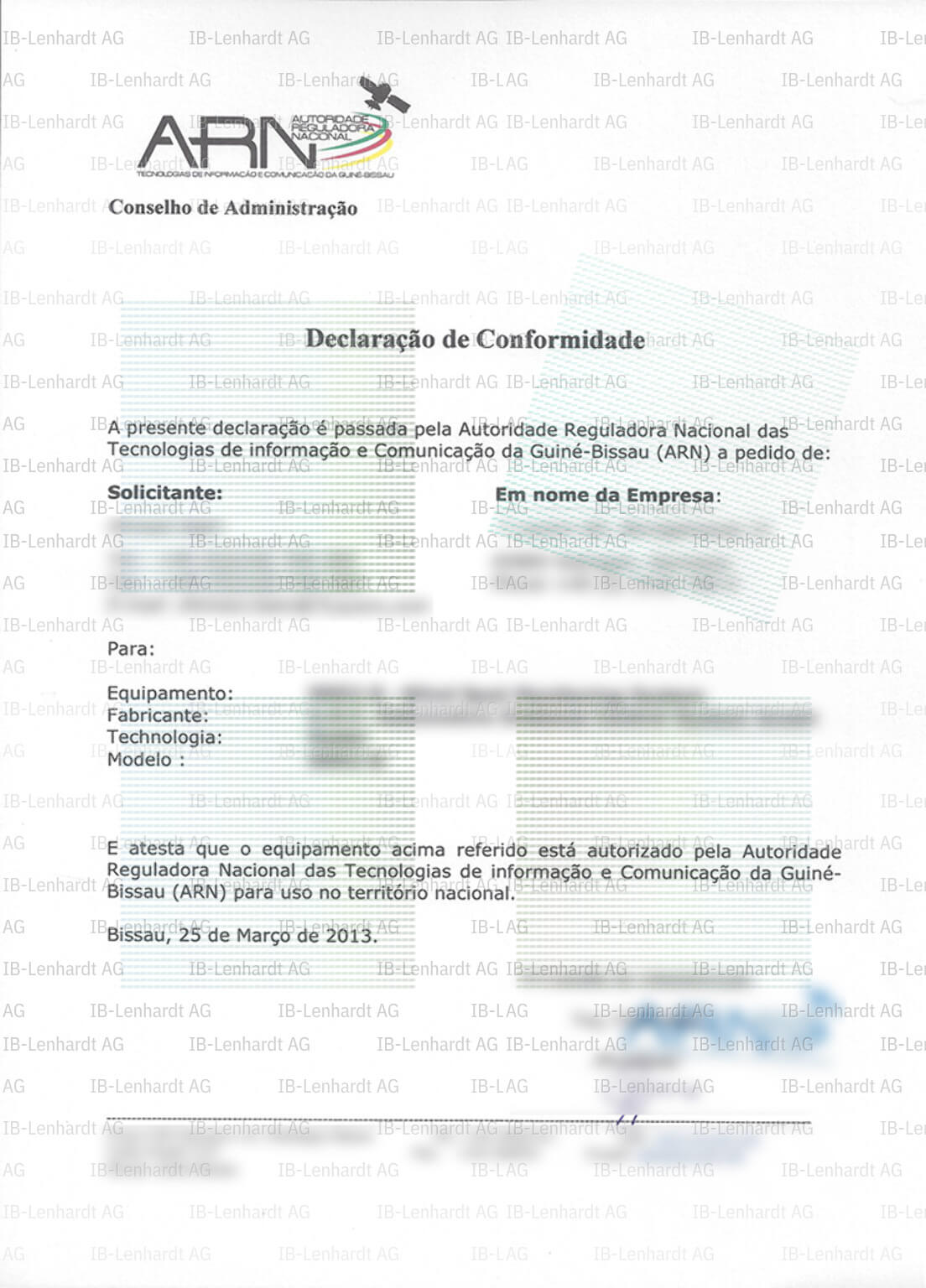 Certificate example Guinea-Bissau