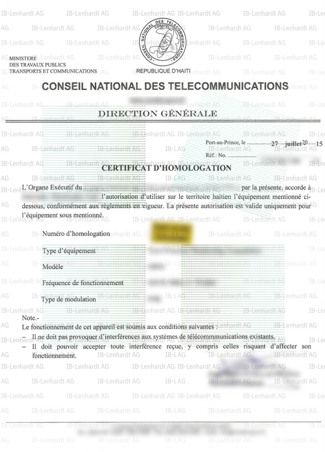 認証書の例 ハイチ