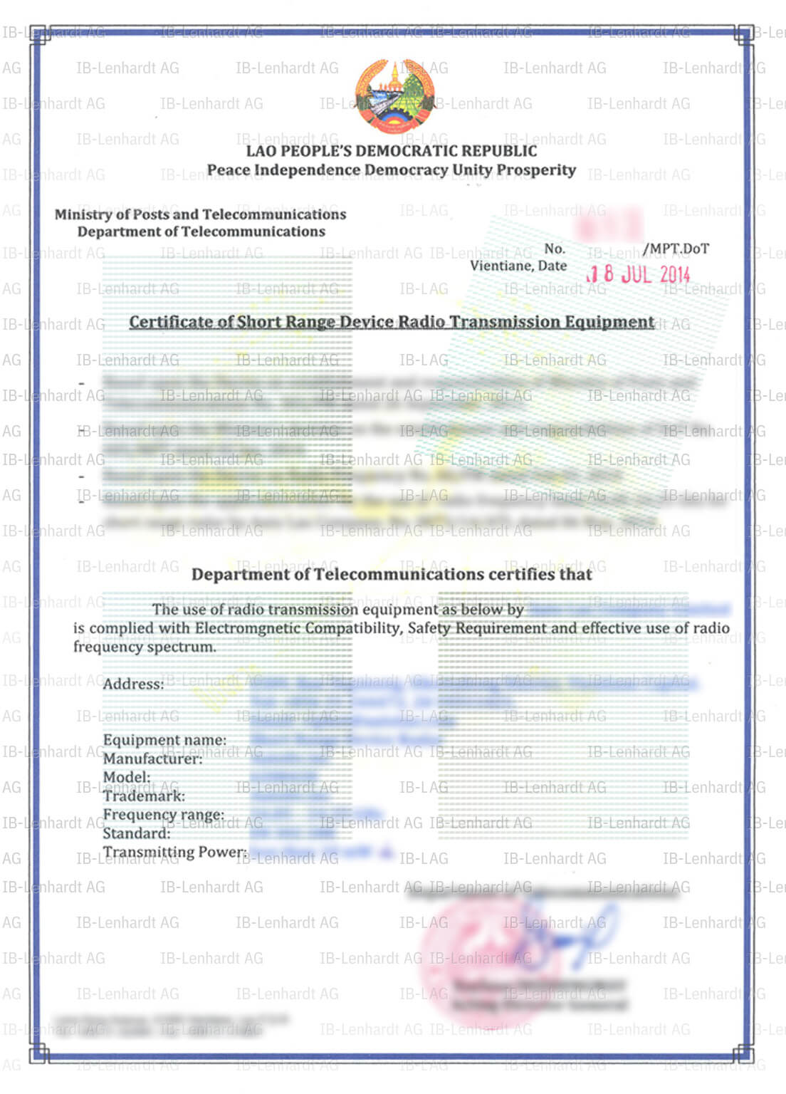 認証書の例 ラオス人民民主共和国