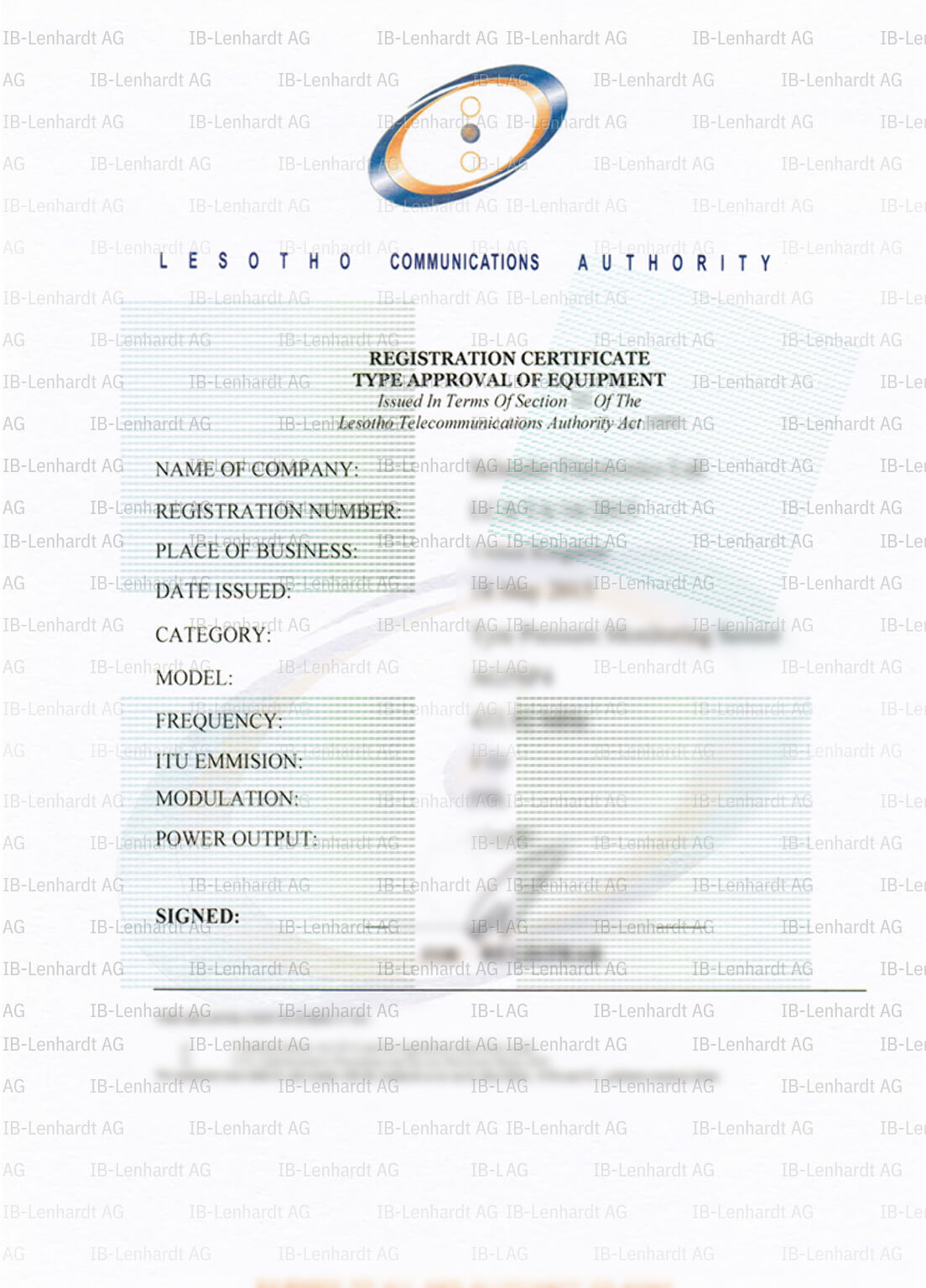 Certificate example Lesotho