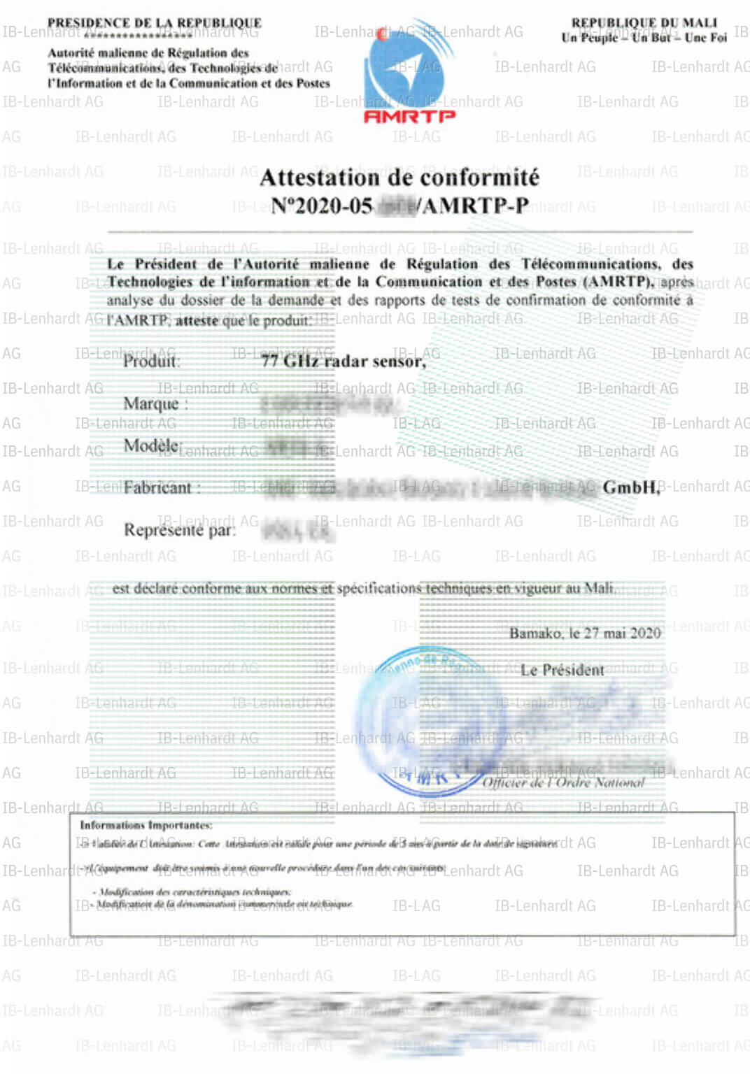 Certificate example Mali