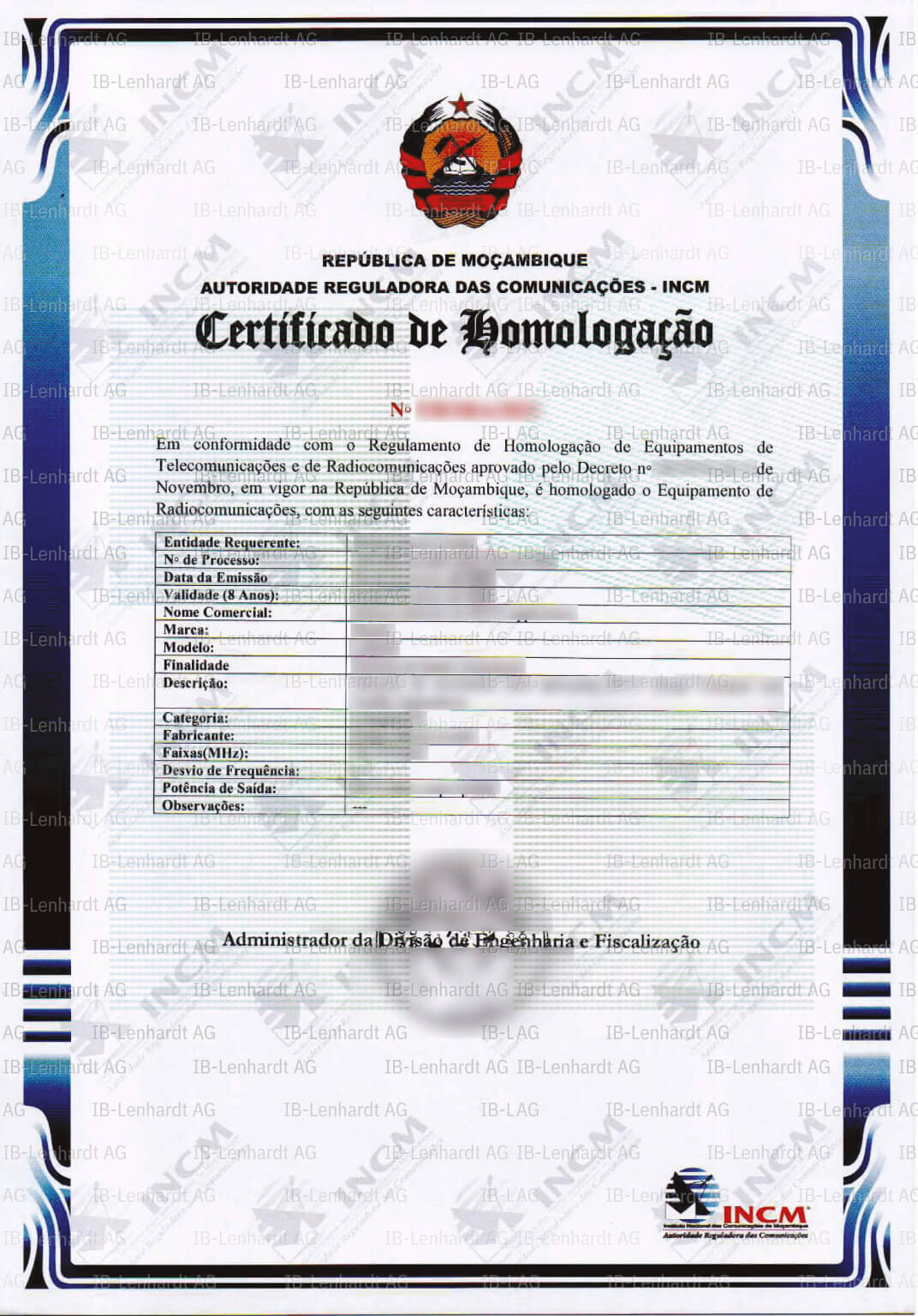 認証書の例 モザンビーク