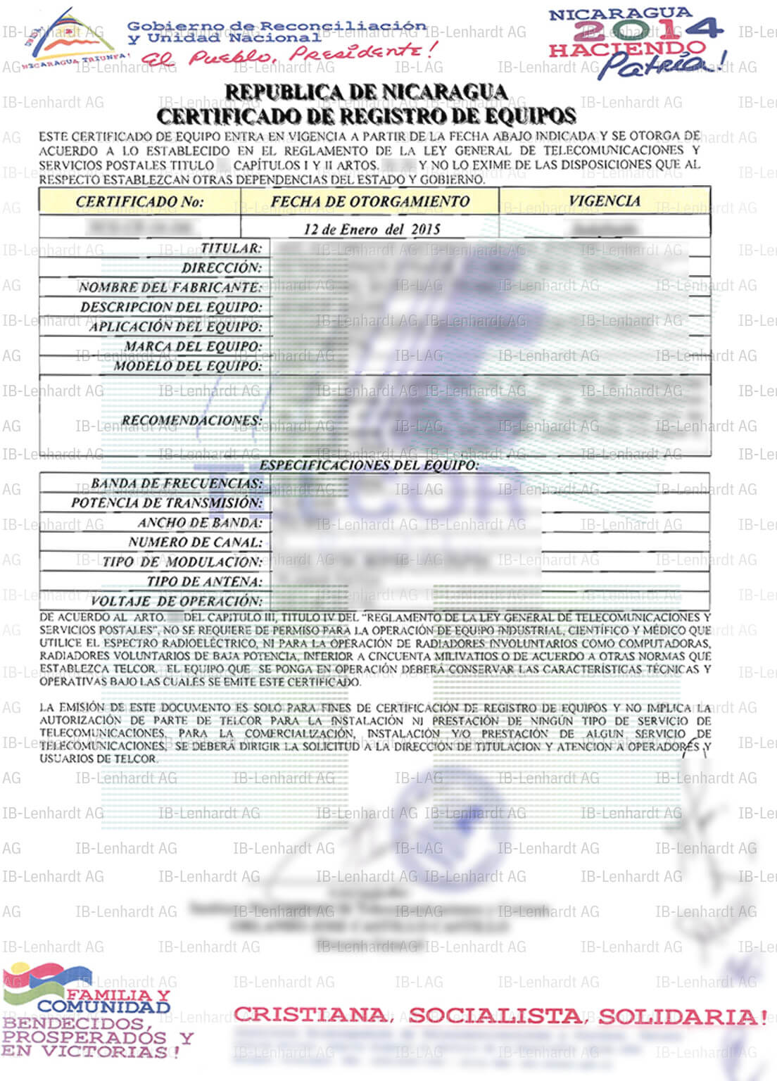 認証書の例 ニカラグア