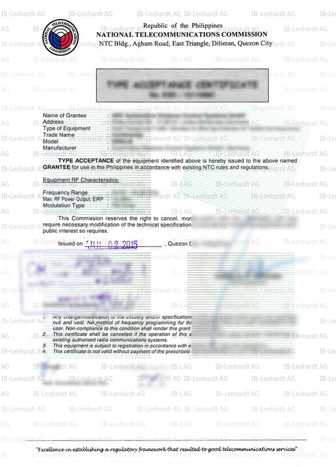 認証書の例 フィリピン