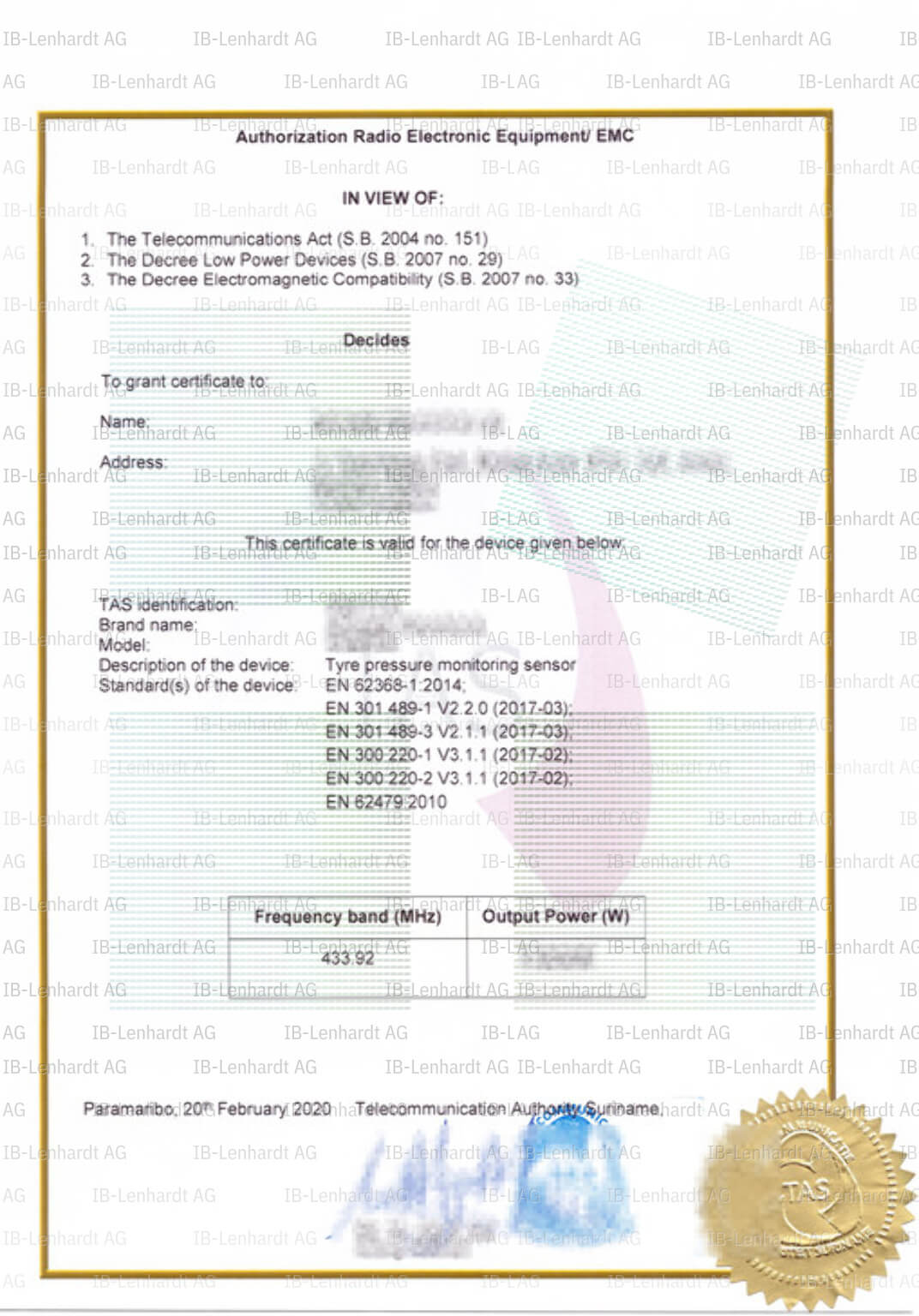 Certificate example Suriname