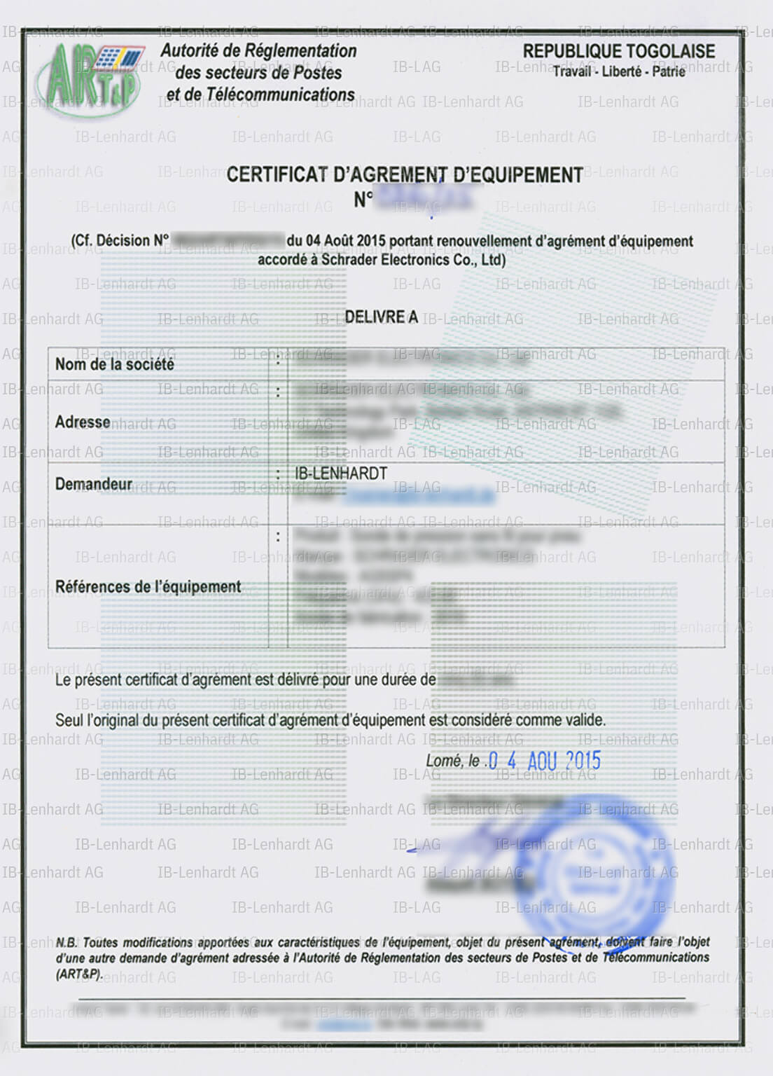 Certificate example Togo
