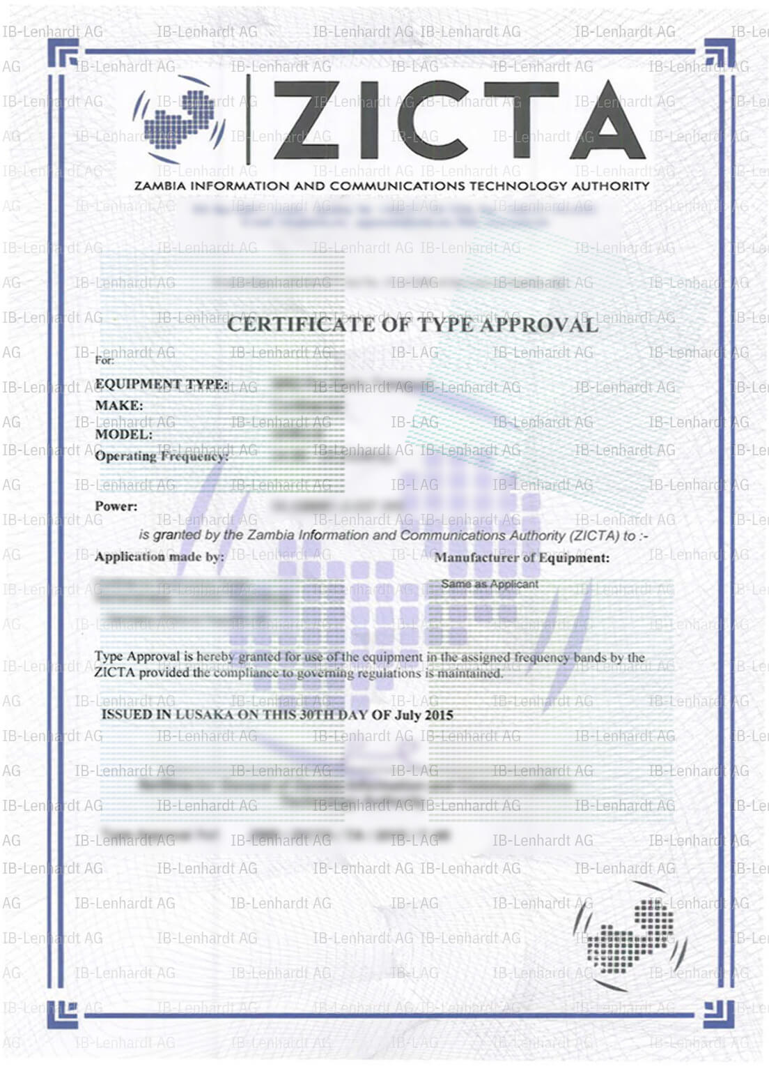 認証書の例 ザンビア