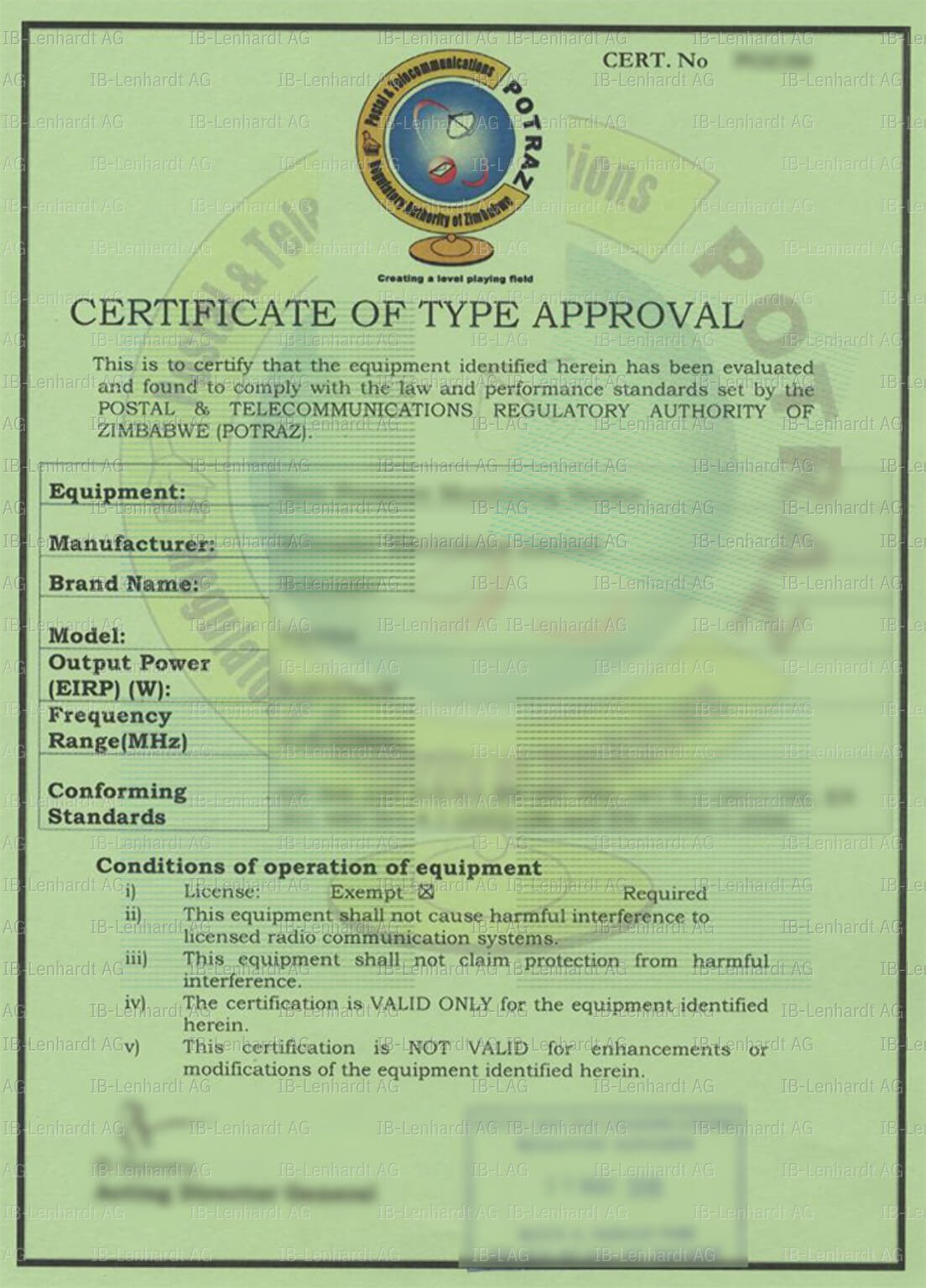 認証書の例 ジンバブエ
